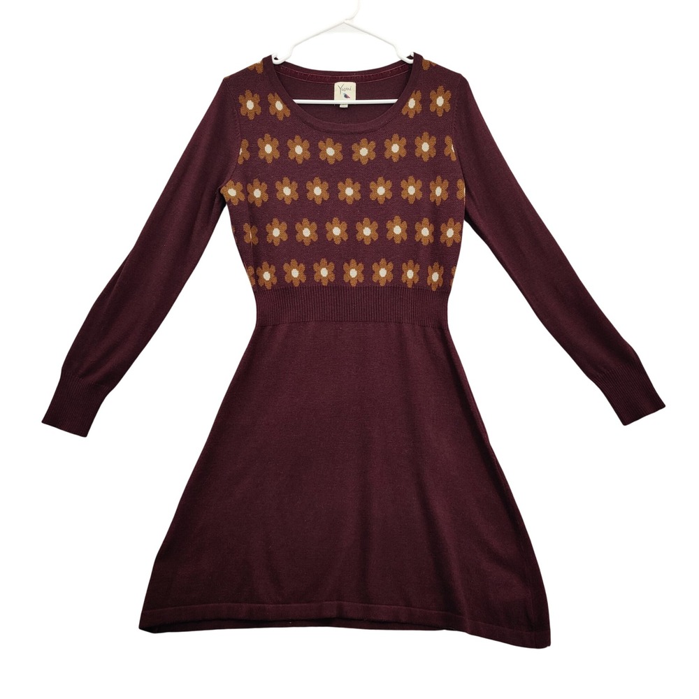Yumi Womens Retro Mod Cottagecore Wool Blend Sweater Dress 8/10 Maroon Floral